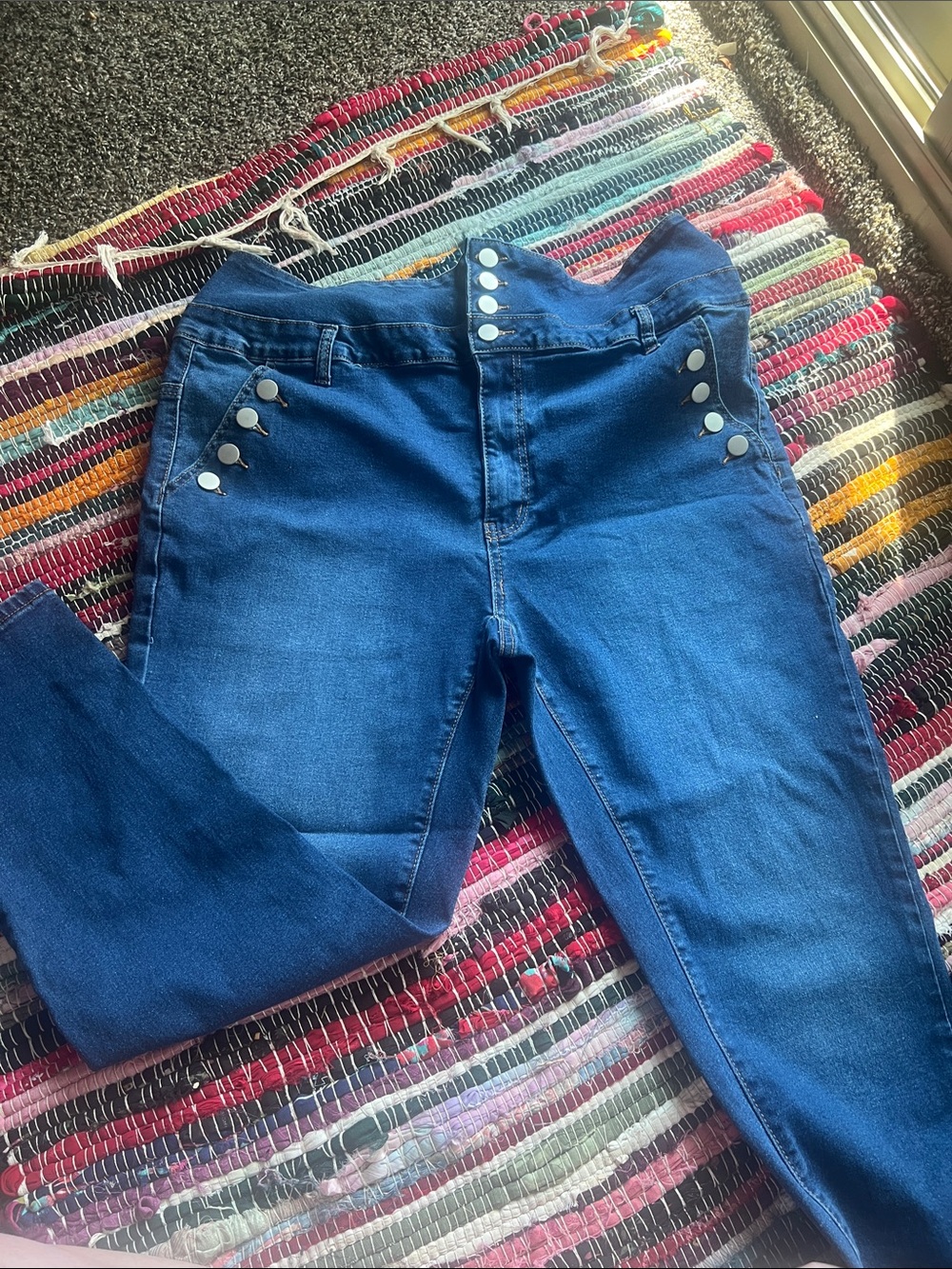 SHEIN High-Rise Dark Blue Skinny Jeans with Silver Buttons